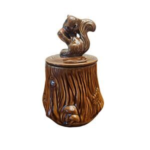 Vintage California Ceramic Cookie Jar With Squirrel and Mushrooms Tree Stump